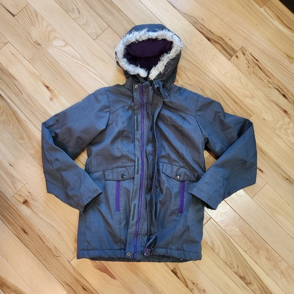 Magellan Outdoors Girl's Hooded Parka Coat Jacket Gray Purple Trim Size L - Picture 2 of 7